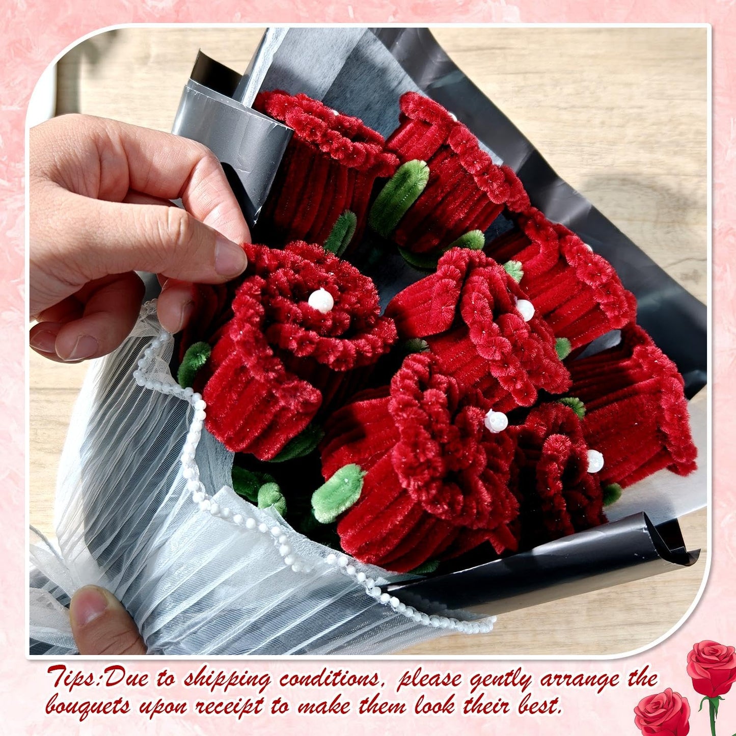CANEGGG Finished Pipe Cleaner Flower Bouquet, Handmade Knitted 8 Red Rose Bouquet, Gifts for Mom, Birthday Gifts for Women, Forever Rose for Her Grandma Girlfriend on Anniversary Graduation