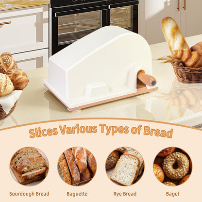 CAWIU Upgraded Manual Bread Slicer for Homemade Sourdough Bread - Adjustable Thickness Bread Cutter with Hand Crank, Suction Cups, Slicing Guide, Scale Line & Cover, for Perfect Even Slices (Cream)