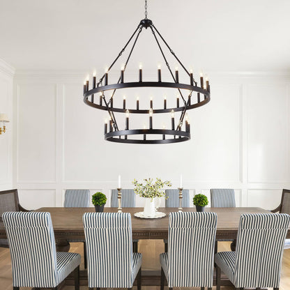 VBKK Black Wagon Wheel Chandelier 2 Tier 36-Light, 48-Inch Large Farmhouse Industrial Chandelier Round Rustic Pendant Light Fixture for High Ceilings Foyer, Entryway, Dining Room, E12