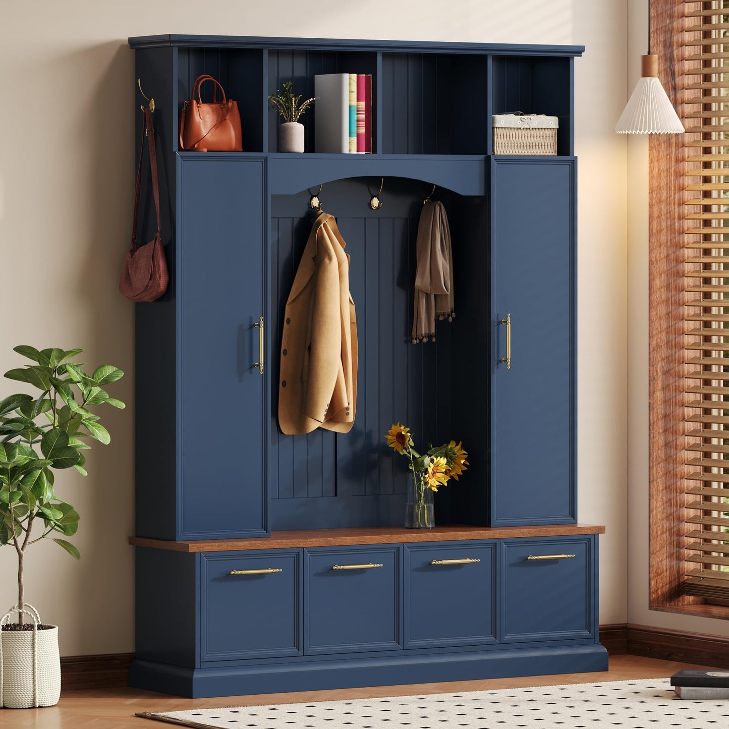 Merax 59" Farmhouse Hall Tree with Golden Hooks & Walnut Bench, Entryway Organizer with Adjustable Shelves, Shoe Storage, Anti-Tip for Mudroom, Living Room, Blue