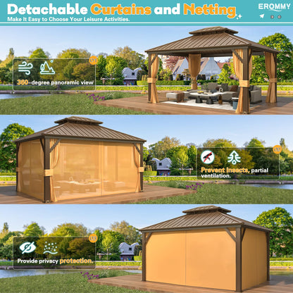EROMMY 12' x 14' Hardtop Gazebo, Aluminum Frame Gazebos with Galvanized Steel Double Roof, Permanent Outdoor Metal Pavilion with Curtain and Netting for Patio, Lawn, Deck