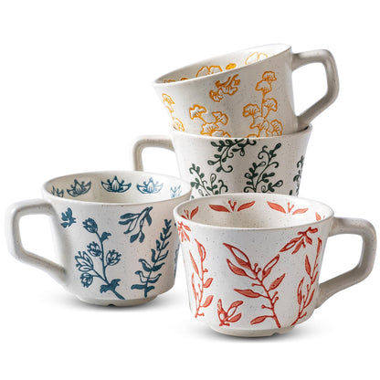 Ceramic Mugs 11 oz Unique Luxurious Cups Set of 4, Mug for Coffee Milk Latte Cappuccino Tea, Office Home Dishwasher Microwave Freezer Safe Stoneware Handmade Minimalist Mixed Cup
