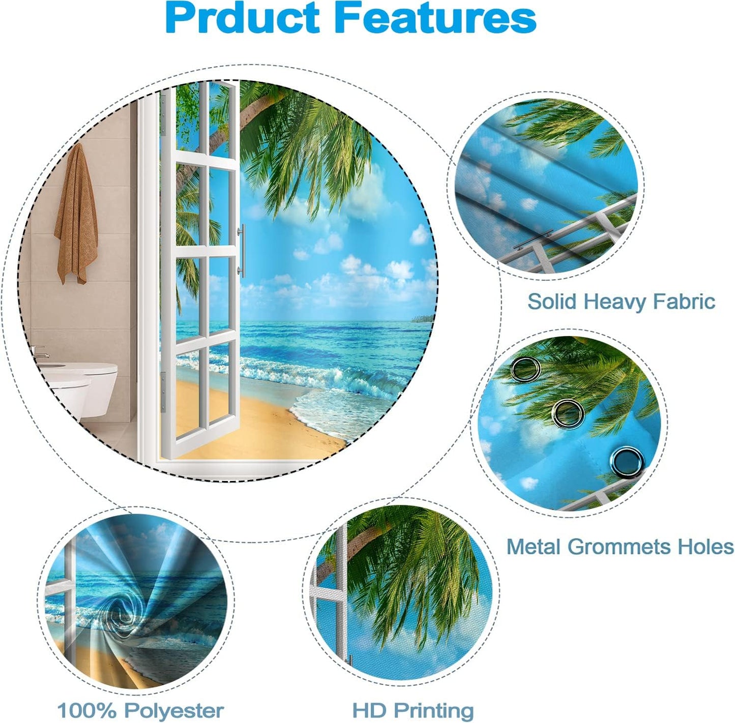 Summer Shower Curtain Set for Bathroom, White Window Blue Sky Sea Water with Green Palm Trees, 72x72 inches