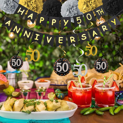 50th Wedding Anniversary Decorations Kit, Gold Glitter Happy 50th Banner, Sparkling 50 Hanging Swirls, Poms