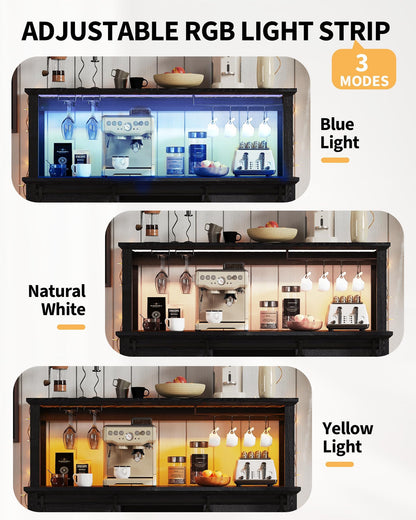 Farmhouse Coffee Bar Cabinet with Power Outlet & LED Lights,55" Sliding Barn Door Buffet with Removable Wine Rack & 2-Tier Drawers, Multi-Functional Storage Cabinet for Kitchen, Dining or Living Room