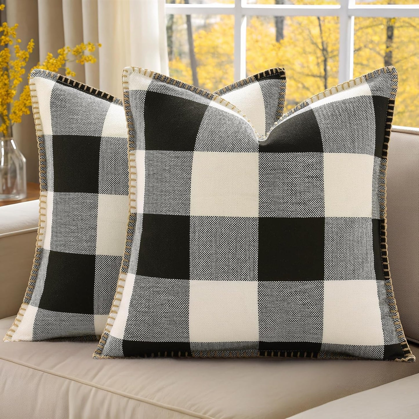 decorUhome Christmas Buffalo Plaid Check Throw Pillow Covers, 16x16 Set of 2, Outdoor Linen Decorative Farmhouse