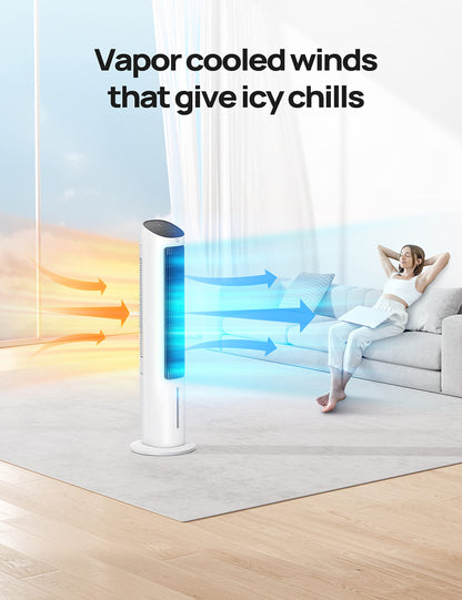 DREO Evaporative Air Swamp Cooler, 40” Standing Fans that Blow Cold Air, 80° Oscillating Bladeless Cooling Fan for Bedroom, Removable Water Tank, Ice Packs, Remote Control, 4 Speeds, White and Black