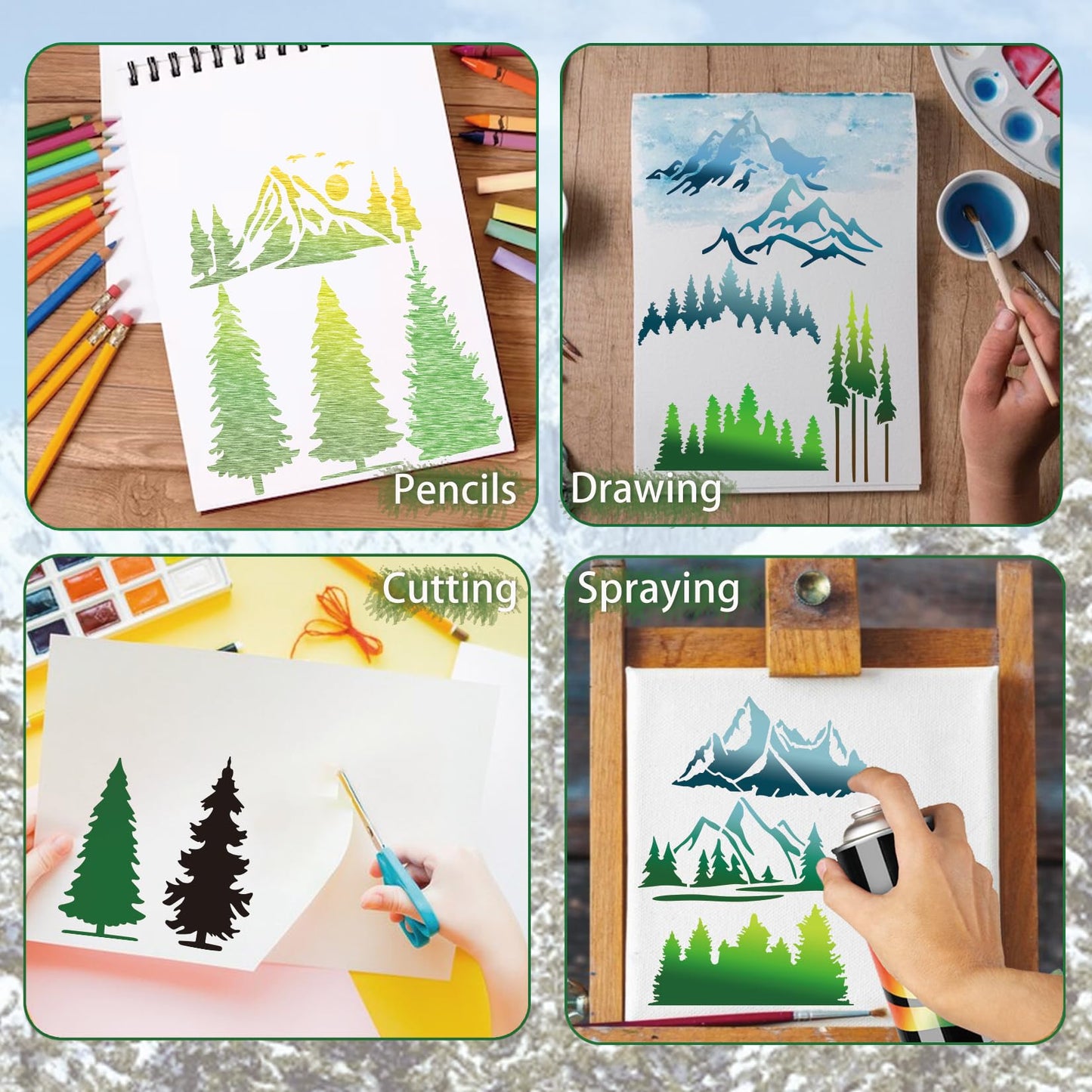 Mountain Stencils for Painting on Wood Burning Patterns Pine Tree Stencils Nature Stencil Christmas Tree Paint Template on Art Craft Canvas Wall Fabric Rock (50 Mountain)