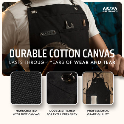 Asaya Chef & BBQ Apron with Pockets - Cross Back Canvas Cooking Apron for Women and Men, Adjustable Work & Grilling Aprons with Pocket, Bottle Opener and Hand Towel, 10oz Cotton Canvas (Black)