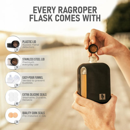Ragproper Glass Hip Flask Set for Men – Modern Whiskey & Liquor Flasks with Cork & Silicone Lid Liner, Durable Silicone Cover, Firm Grip & Curved Edges – 100ml Single Shot and 240ml Double Shot, Black