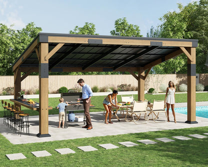 AMERLIFE 10x14 FT Spruce Wood Grill Gazebo with Bar Shelf, Hardtop BBQ Pavilion with Sloped Galvanized Steel Roof, Lean-to Outdoor Pergola for Deck, Backyard, Garden