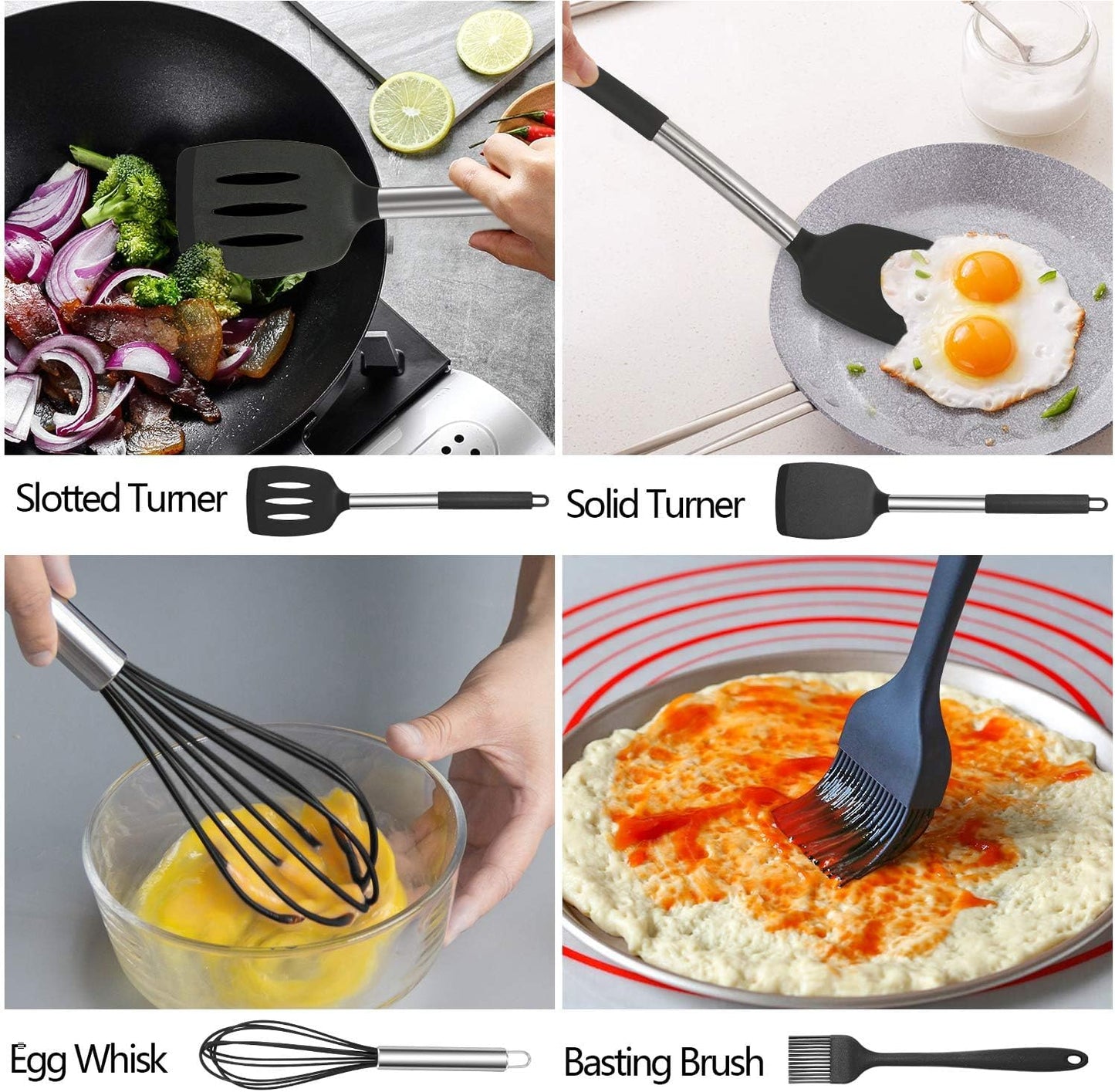 17-Piece Kitchen Utensils Set, Silicone Cooking Tools with Stainless Steel Handles, Heat Resistant Non-Stick Kitchen Set with Measuring Cups & Gadgets | SV Deals