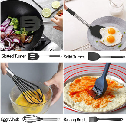 17-Piece Kitchen Utensils Set, Silicone Cooking Tools with Stainless Steel Handles, Heat Resistant Non-Stick Kitchen Set with Measuring Cups & Gadgets | SV Deals