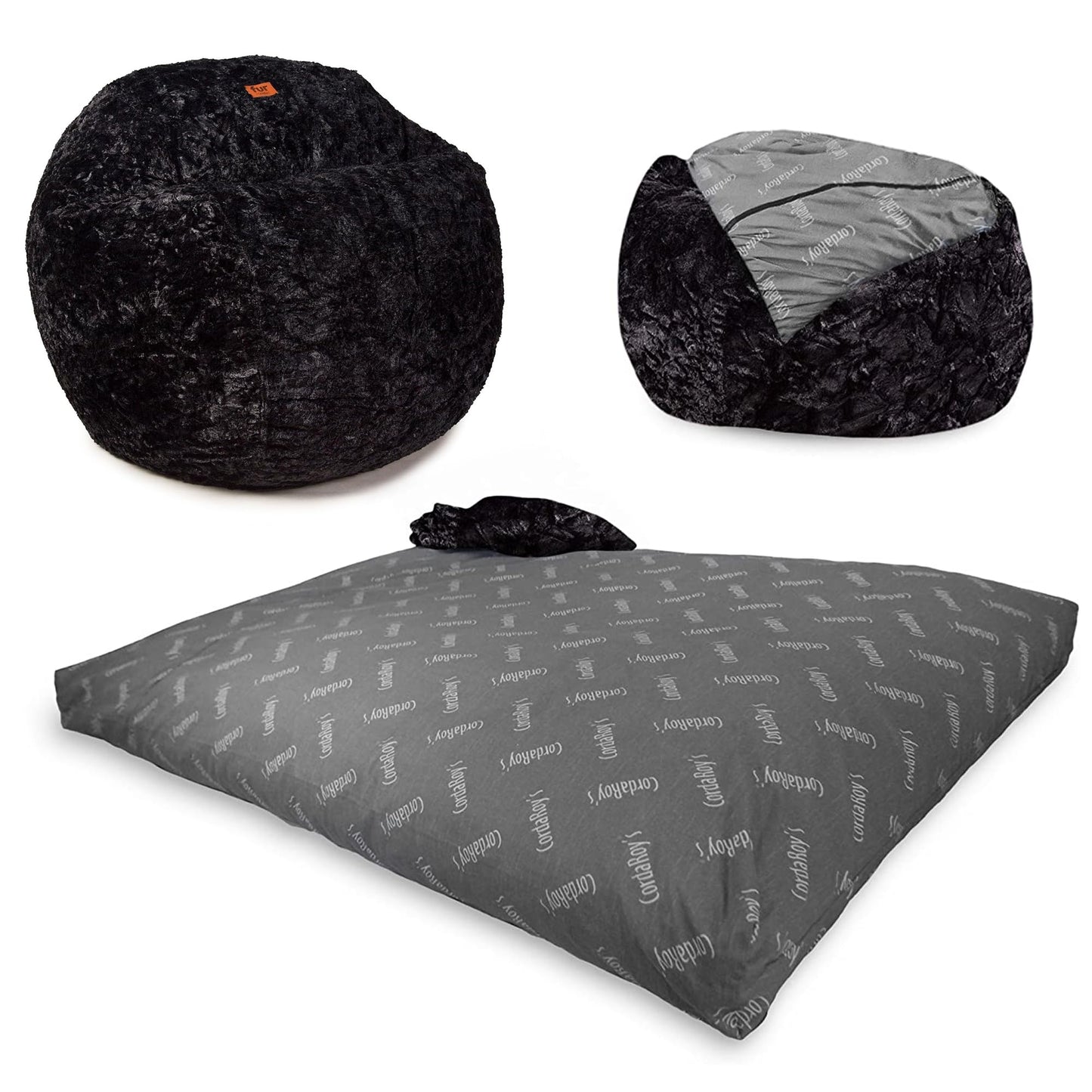 CordaRoy's Faux Fur Bean Bag Chair, Convertible Chair Folds from Bean Bag to Lounger, As Seen on Shark Tank, Black - Queen Size