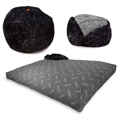 CordaRoy's Faux Fur Bean Bag Chair, Convertible Chair Folds from Bean Bag to Lounger, As Seen on Shark Tank, Black - Queen Size