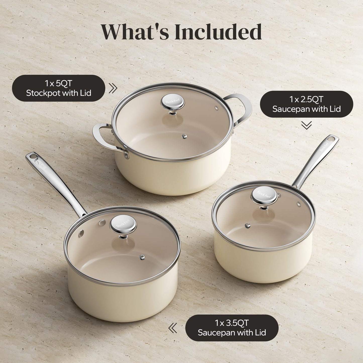 Redchef Cooking Pot Set Induction 5Qt, Saucepan Set 2.5/3.5Qt Nonstick Ceramic Cookware Set, Compatible All Cooktops, Even Heat, Stay-Cool Handles, Oven/Dishwasher Safe, PTFE PFAS Free (Beige)