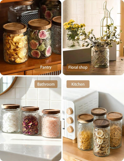 PENGSHU Vintage Glass Jar with Wood Lid - Christmas Airtight Canisters for Kitchen Countertop Bathroom, Storage Candy, Cookie, Coffee, Apothecary, Sugar, Flour,Pet Treat (Begonia, 24oz/700ml)