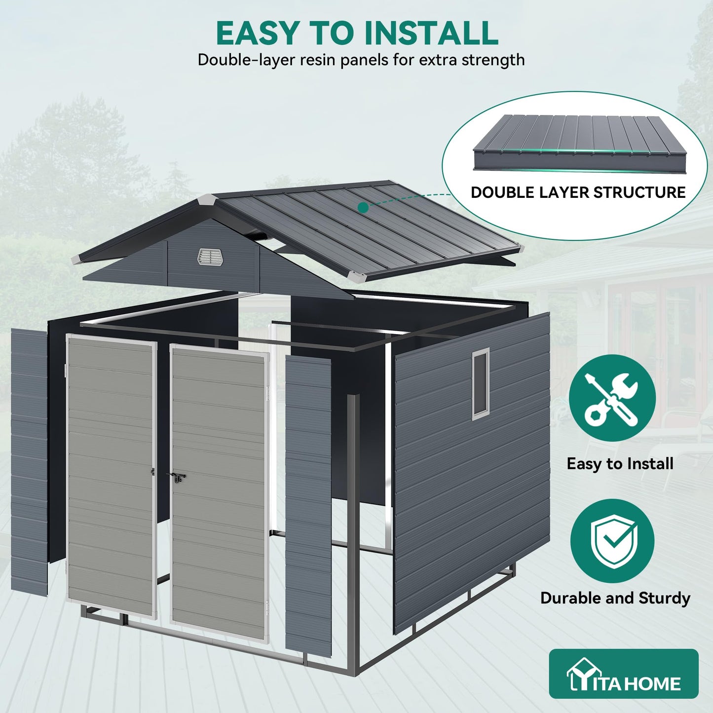 YITAHOME 8x9 FT Outdoor Storage Shed w/o Floor, All-Weather Plastic Shed with Lockable Doors, Window & Vents, Plastic Tool Shed for Backyard, Patio, Poolside, Lawn, Gray