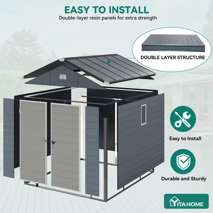 YITAHOME 8x9 FT Outdoor Storage Shed w/o Floor, All-Weather Plastic Shed with Lockable Doors, Window & Vents, Plastic Tool Shed for Backyard, Patio, Poolside, Lawn, Gray