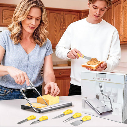 Pershook Cheese Slicer, with Measuring Grids Board & 6 Piece Cheese Knives, Stainless Steel Cheese Cutter with Blade, for Block Cheese, Butter and Sausages, Dishwasher Safe