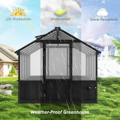 Yardenaler 8x10 FT Greenhouse Kit with 6MM Thick Polycarbonate Panel for Outdoor, Wooden Walk-in Green House with Adjustable Roof Vent and Lockable Door, Backyard, Garden, Black