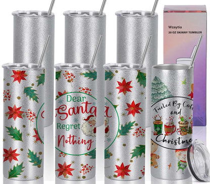 Wzaytia Glitter Sublimation Tumblers 20 Oz Skinny Straight, 8 Pack Sublimation Glitter Skinny Tumbler Blanks, Insulated Stainless Steel Tumbler, Silver