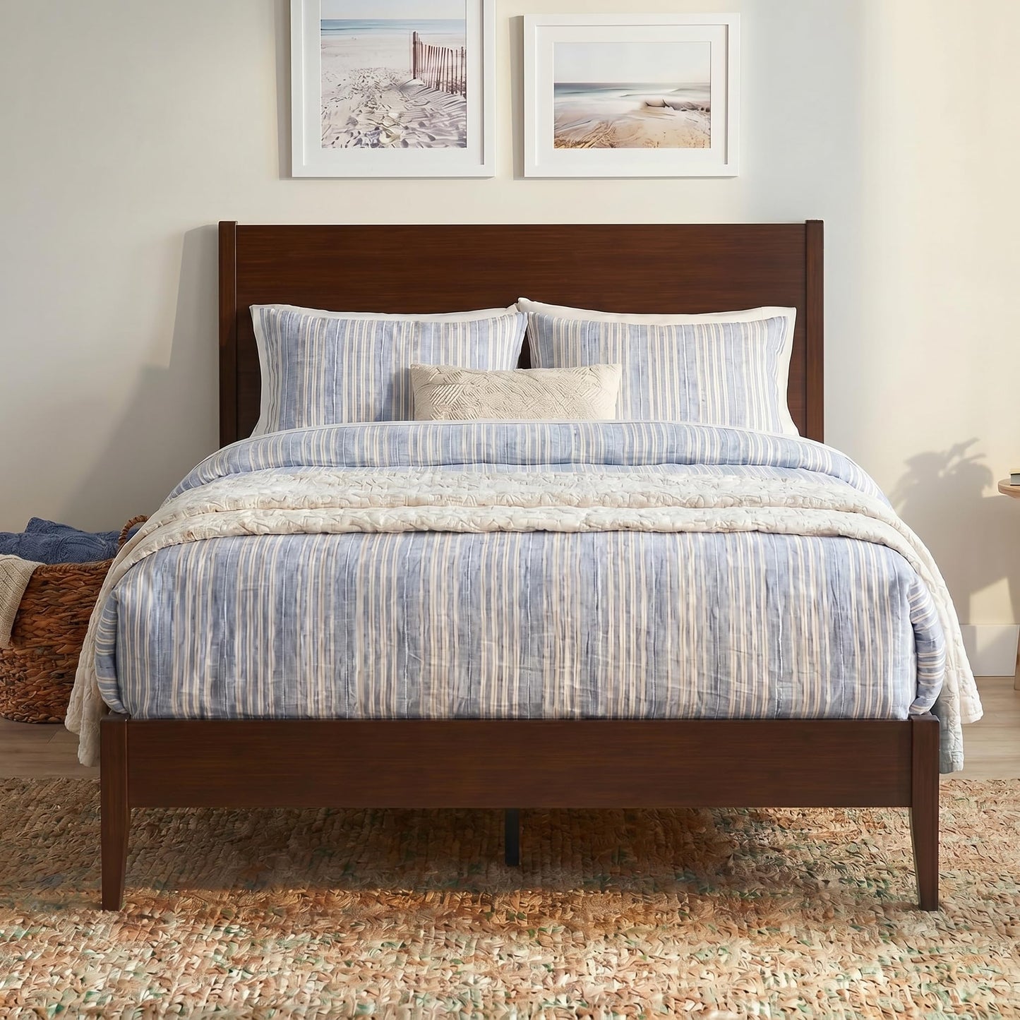 Christopher Knight Home Mid-Century Modern Solid Bamboo Wood Queen Size Sleigh Platform Bed Frame with Wood Slats and Metal Support,No Box Spring Needed,Easy Assembly, Chocolate
