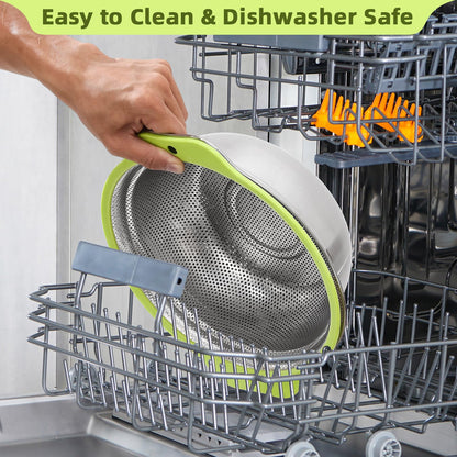 AHIABOAT Colander Stainless Steel Microporous, 2QT Rice Strainer with Mixing Bowl, Rice Washer Bowl Set with Handle, Food-Grade Strainers and Colanders for Kitchen, Pasta, Fruit, Dishwasher Safe
