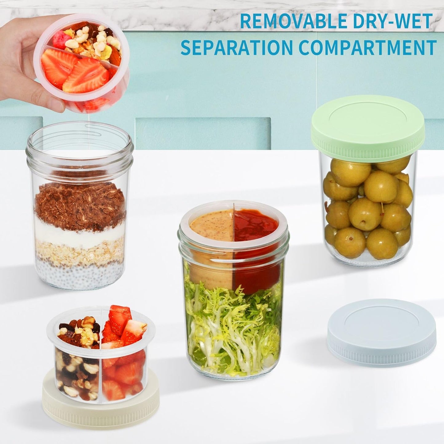 16 oz 6-Pack Xyptorix Overnight Oats Containers with Airtight Lids - Leak-Proof Wide Mouth Mason Jars & Divided Cups