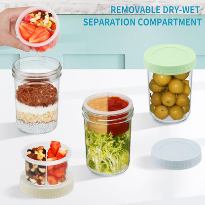 16 oz 2-Pack Xyptorix Overnight Oats Containers with Airtight Lids - Leak-Proof Wide Mouth Mason Jars & Divided Cups