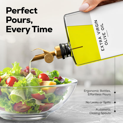 Glass Olive Oil Dispenser Bottle for Kitchen by Brighter Barns - Coffee Syrup Dispenser, Oil and Vinegar Bottle - Modern Kitchen Essentials for Restaurants, Coffee Bar, Airbnb (Clear/Gold, Set of 2)