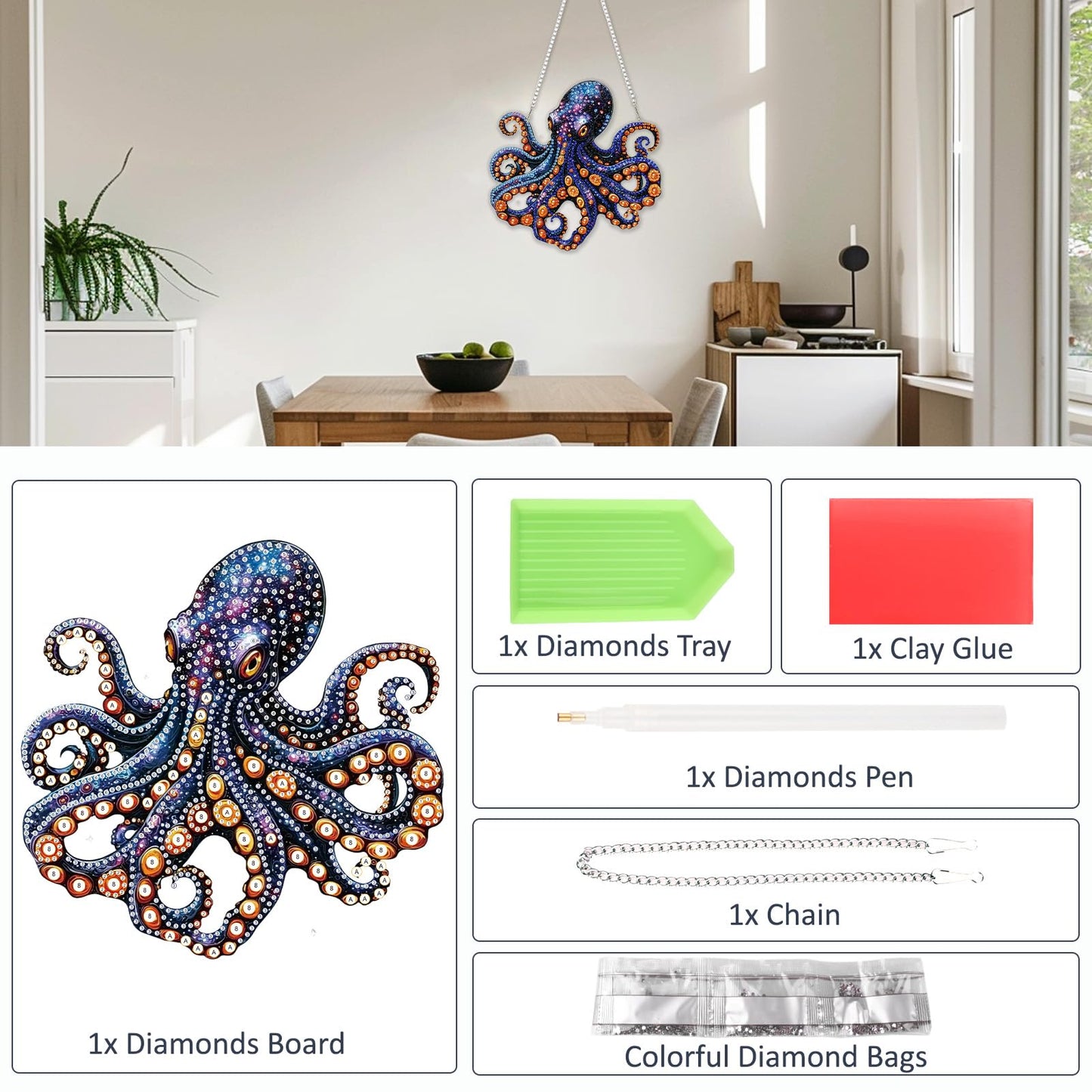 SENQAO Octopus Diamond Art Hanging Kit for Adult, Special Shaped Rhinestone, Double Sided DIY Acrylic Diamond Art Painting Window Pendants Home Garden Wall Hanging Kits Hanging Ornament
