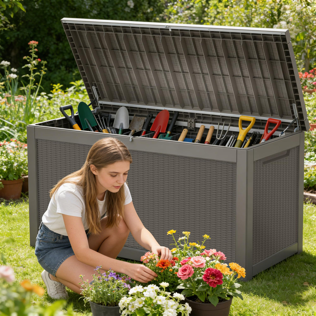 Decksplore 320 Gallon Outdoor Storage Box Resin Deck Box All Weather Waterproof Large Lockable Storage Container Deck Box for Patio Furniture, Garden Tools, Lockable, Grey