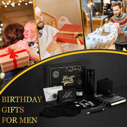 Afarnook 13 Pcs Birthdays Gifts Baskets for Men Get Well Gifts Set for Men Father's Day Gift Box Tumbler Wallet Robe Scented Candle Notebook Sock Bracelet for Father Dad Boyfriend Husband(Black)
