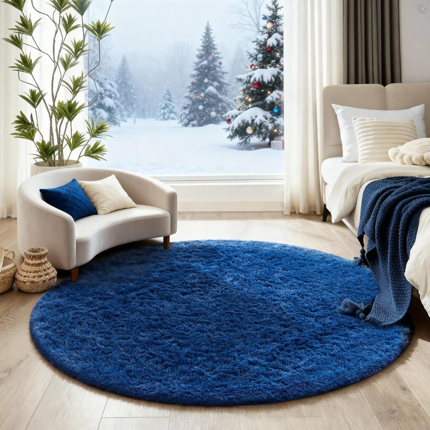 Ophanie Blue Round Rug - 4Ft Plush Circle Area Rug for Kids' Room | Soft Shaggy Carpet Decor