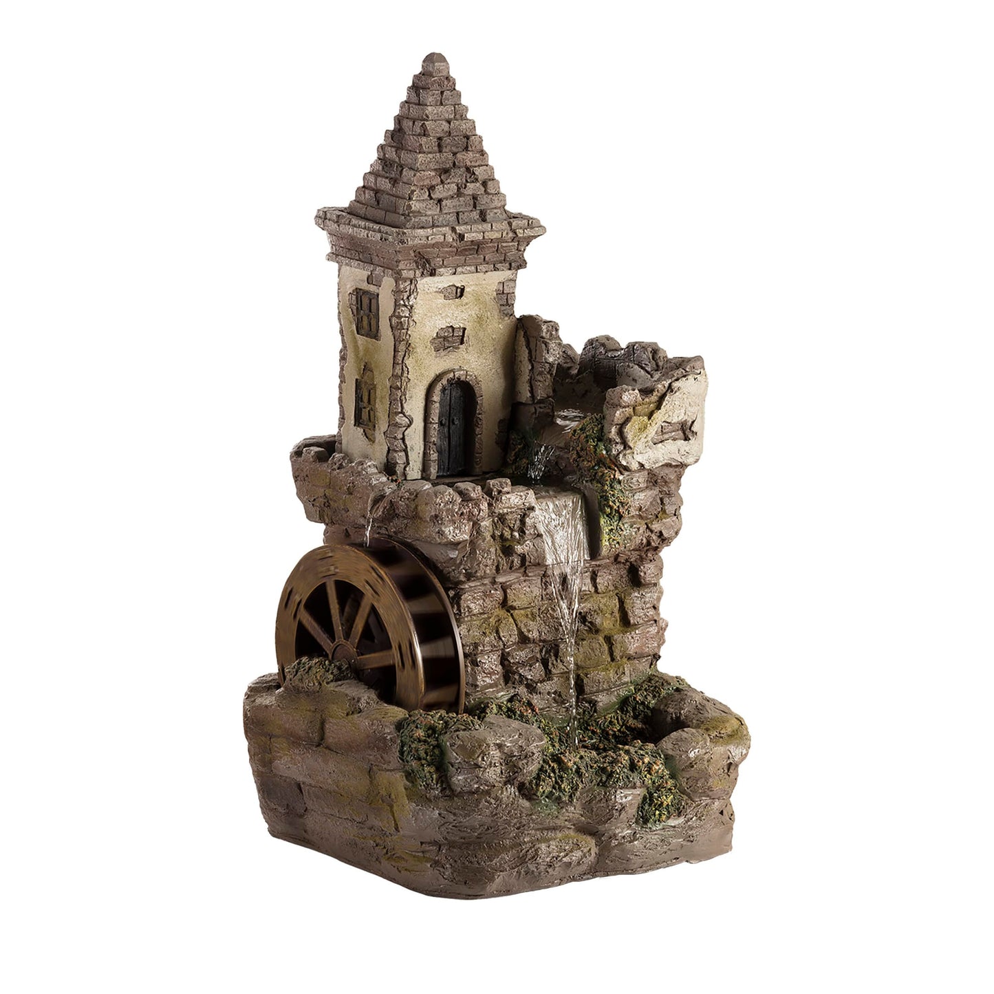 Alpine Corporation USA1164 Outdoor Floor Tiered Fairy Castle Waterwheel Water Fountain with Realistic Stone Look, 35", Brown
