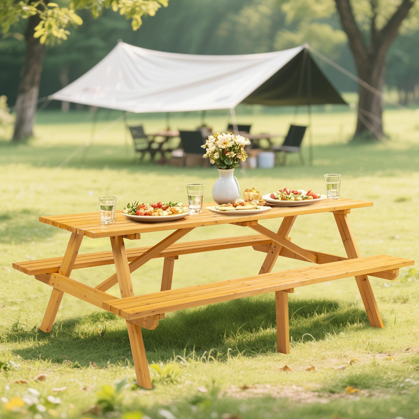 RocVanc Premium Picnic Tables Outdoor Wooden Picnic Table Set with Benches & Umbrella Hole - Stylish and Spacious Seating for 6-8 People - Perfect for Backyard, Porch, and Garden Gatherings