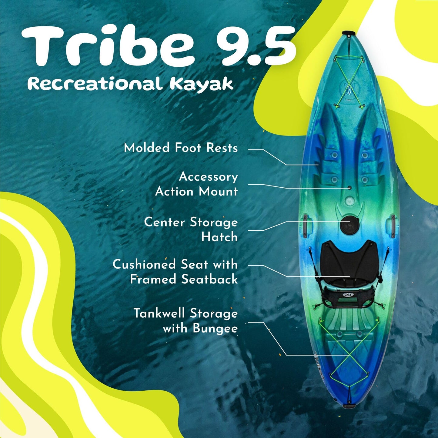 Perception Tribe 9.5 - Recerational Kayak Sit on Top - Large Rear Storage with Tie Downs - 9.5 ft - Déjà Vu