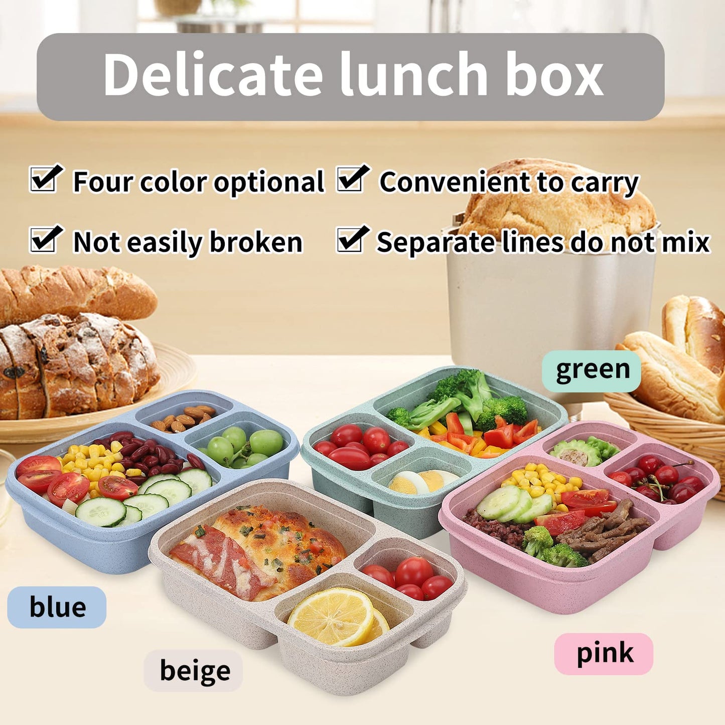 buluker 4 Pack Bento Lunch Box Set 3 Compartment Food Storage Containers Wheat Straw Meal Prep Lunch Box Plastic Food Storage Containers, Microwave and Dishwasher Safe (light colour)