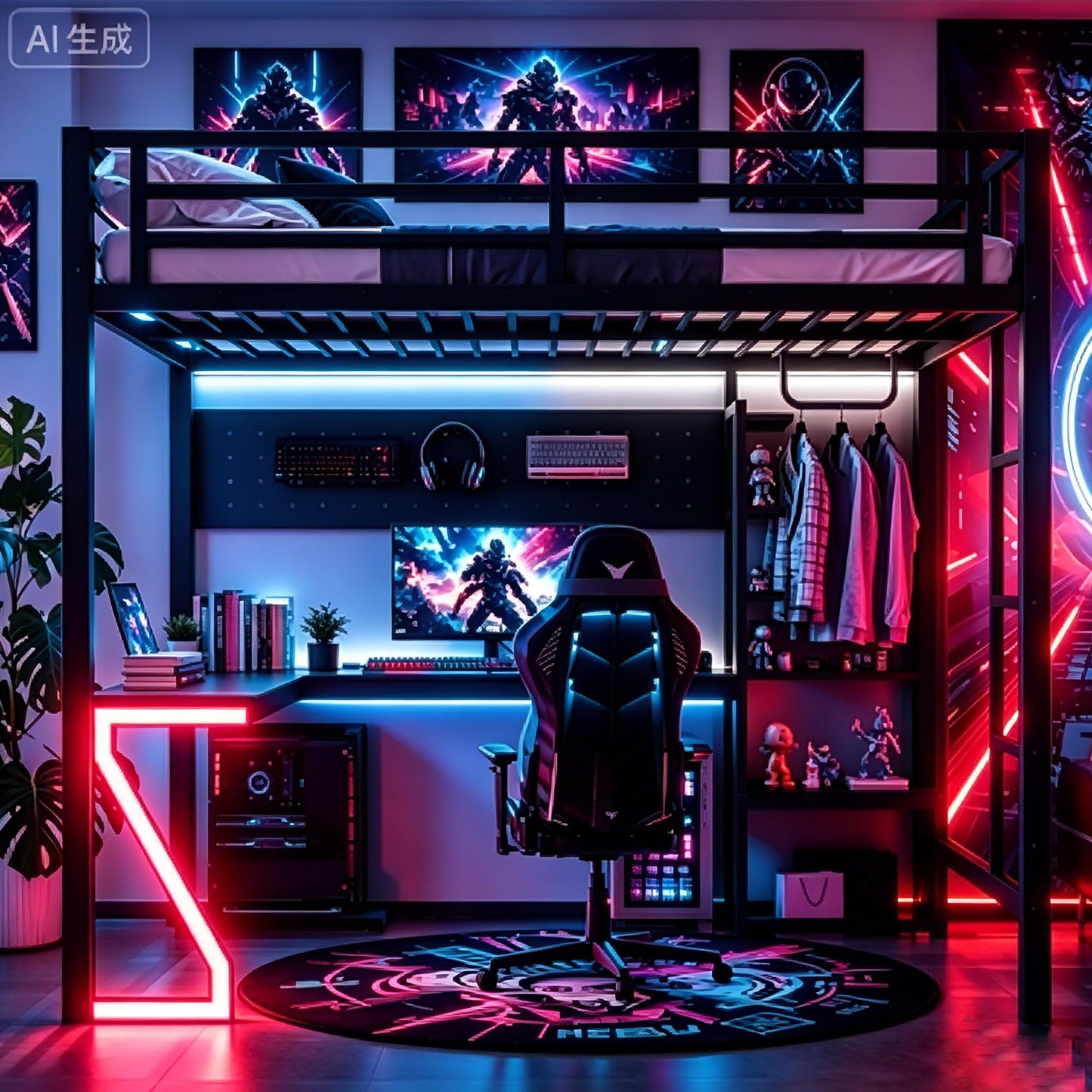 Bellemave Queen Size Gaming Loft Bed with L-Shaped Desk, Computer Tray, Peg Board & USB Ports, Metal Queen Loft Bed Frame with RGB Lights & Storage Shelves for Teens, Black