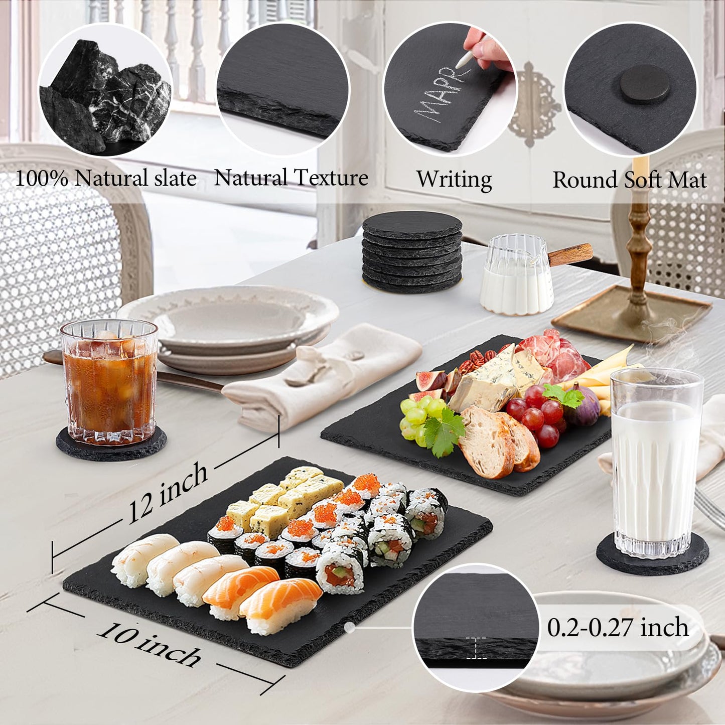 MAPRIAL 12 x 10 In 4 Pack Slate Cheese Boards, Black Stone Plates Charcuterie Board Gourmet Serving Tray Cheese Platter with Chalks for Sushi, Party, Gifts, Fruit, Meat, Appetizer, Wedding