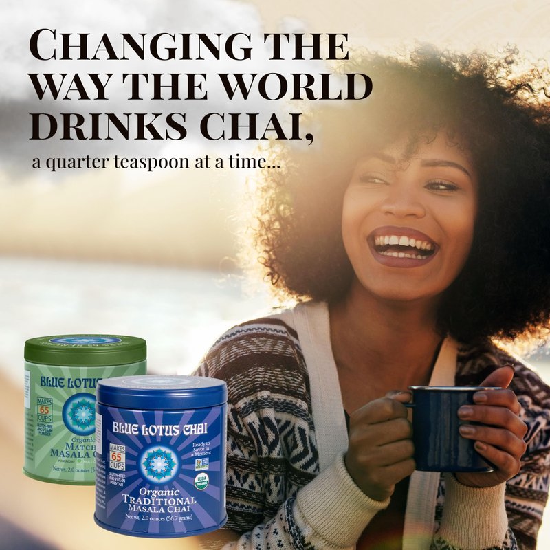 Blue Lotus Chai Tea - Fully Organic Traditional Masala Chai - Makes 65 Cups - 2 Ounce Masala Spiced Chai Powder with Organic Spices - Instant Indian Tea No Steeping - No Gluten