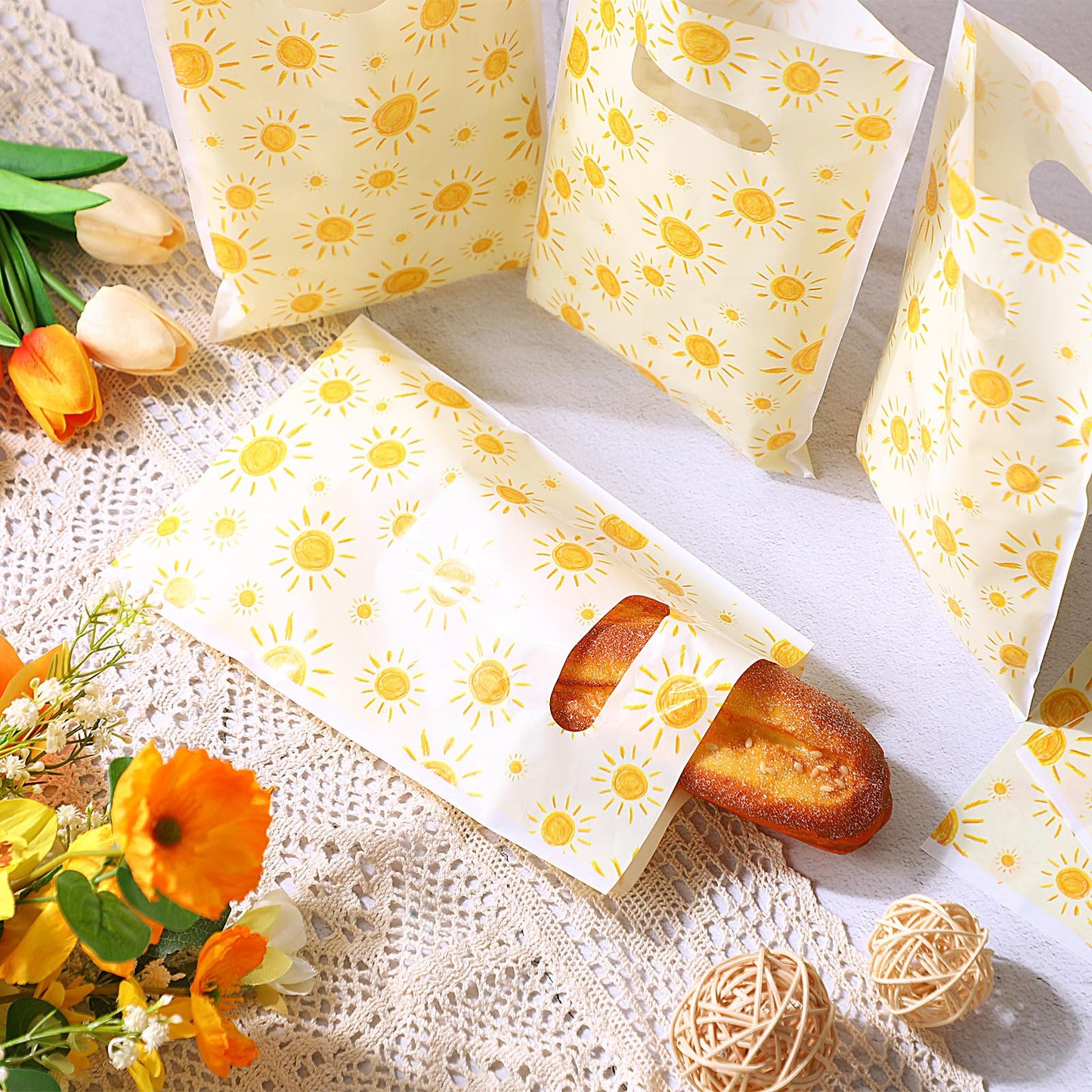 Supervitae 100 Pcs Boho Sun Plastic Gift Bags Bulk with Handles - First Trip Around the Sun Party Favors Summer Sunshine Treat Bags for Birthdays Weddings Snacks Candy Goodie Party Supplies