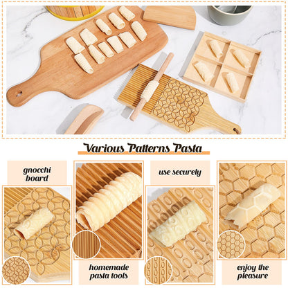 Tioncy 9 Pcs Pasta Making Tool Set, Wood Gnocchi Board with Ravioli Mold Raviolo Maker Raviolo Stamp Rolling Pin Gnocco Maker for Home Cooking Kitchen Gift(Pattern Gnocchi Board with Ravioli Mold Set)