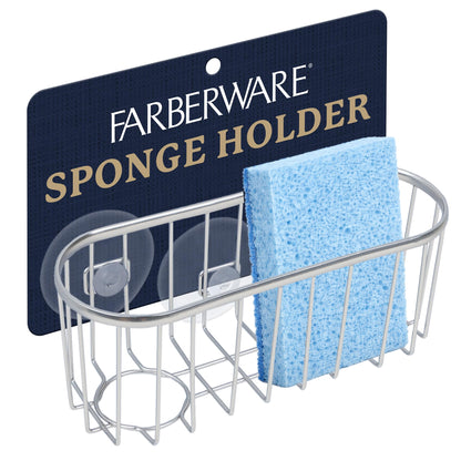 Farberware Sponge Holder for Kitchen Sink—Brushed Metal Sink Caddy Organizer with Triple Suction Cups, Kitchen Organizer for Sponges, Brushes, Soap & Cleaning Essentials