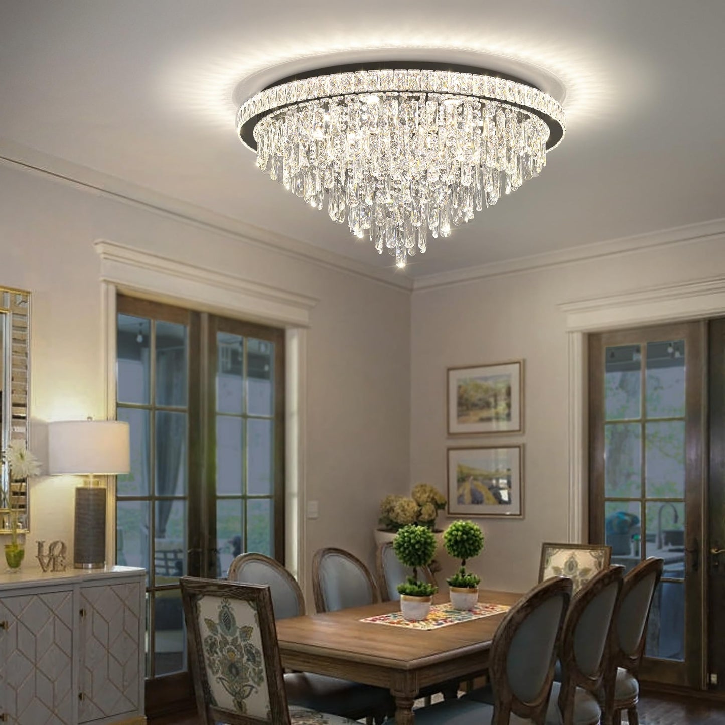 Dia 32" Modern Crystal Chandeliers LED Dimmable Living Room Chandelier Black Pendant Lighting Crystal Ceiling Light Fixture for Entrance Bedroom Hallway Foyer
