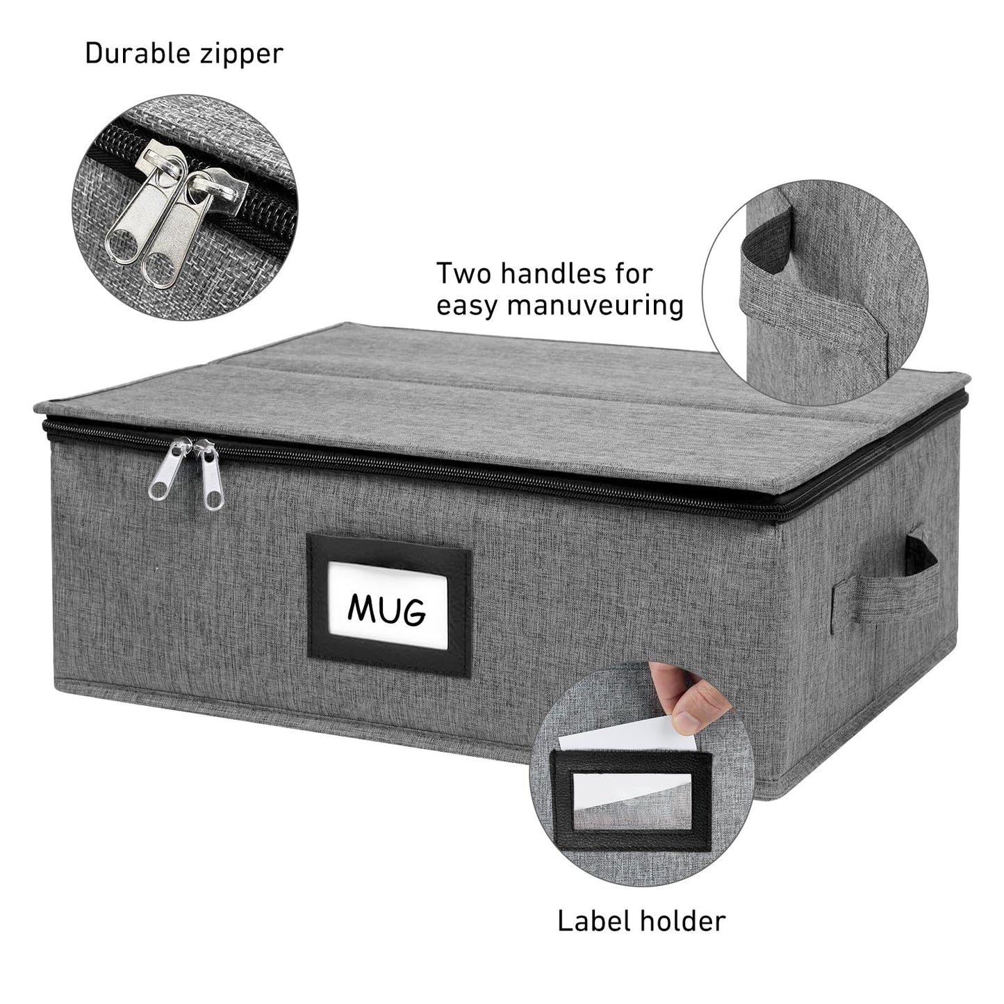 HURZMORO Mug Storage Box with 12 Compartments, Gray Hard Shell Container, Padded Dividers, Dual Handles, Zipper Lid for Coffee Cup Organization and Moving (1, Coffee Cup Storage Box)