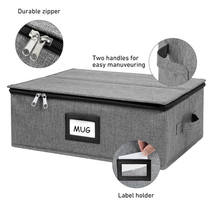 HURZMORO Mug Storage Box with 12 Compartments, Gray Hard Shell Container, Padded Dividers, Dual Handles, Zipper Lid for Coffee Cup Organization and Moving (1, Coffee Cup Storage Box)