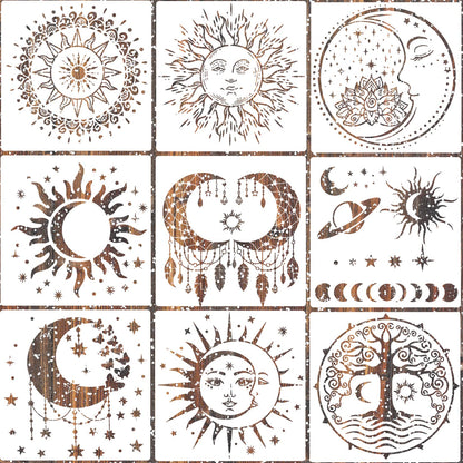 9 Pieces Large Mandala Sun and Moon Stencil Butterfly Flower Tree Paint Stencils for Crafts Reusable Templates Star Celestial Stencils for Painting Wood Wall Furniture Home Decor (Sun Moon)