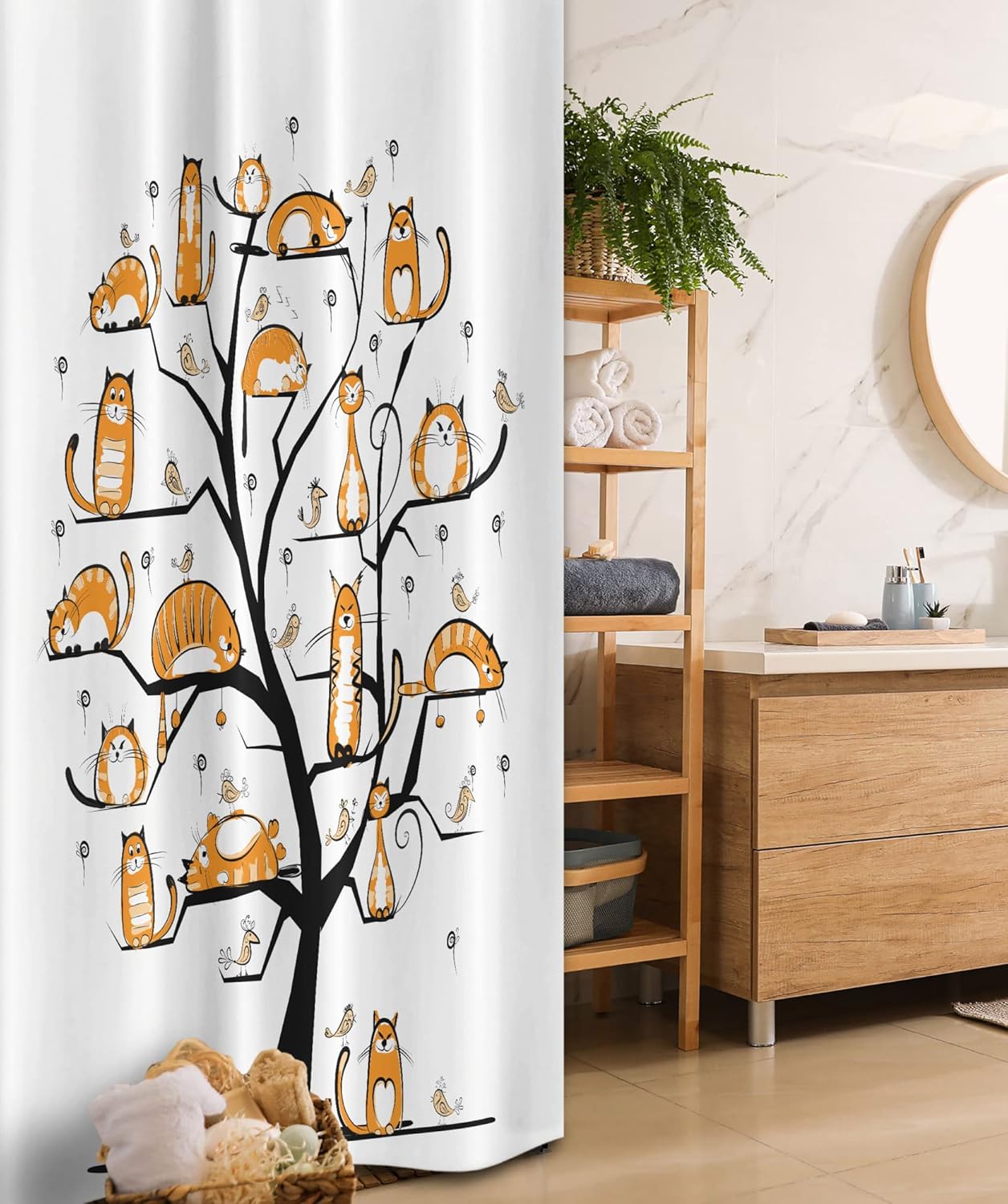 Ambesonne Cat Lover Stall Shower Curtain - Pet Family Tree Birds Crowd Fluffy Nature Art, 36" W x 72" L